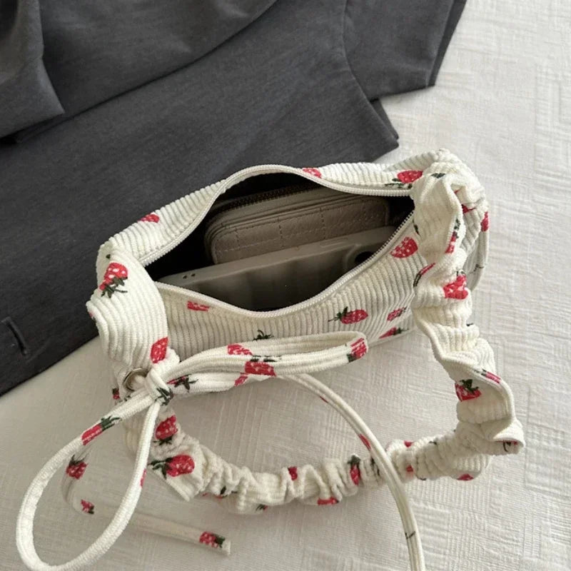 Small Underarm Bag For Women Corduroy Handbag Cute Strawberry Print Little Tote Half Moon Design Eco Cloth Mini Shoulder Bag