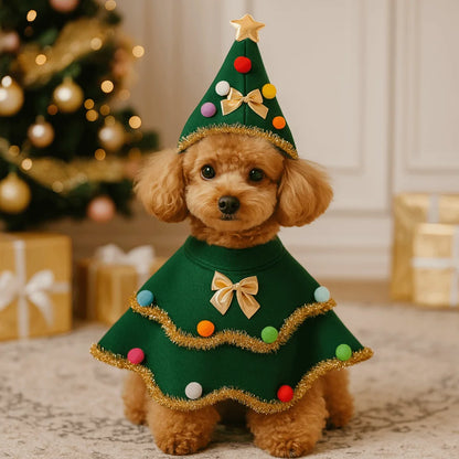 Cartoon Christmas Dog Cape Christmas Tree Design Polyester Pet Cloak Unique Adjustable Pet Christmas Clothing