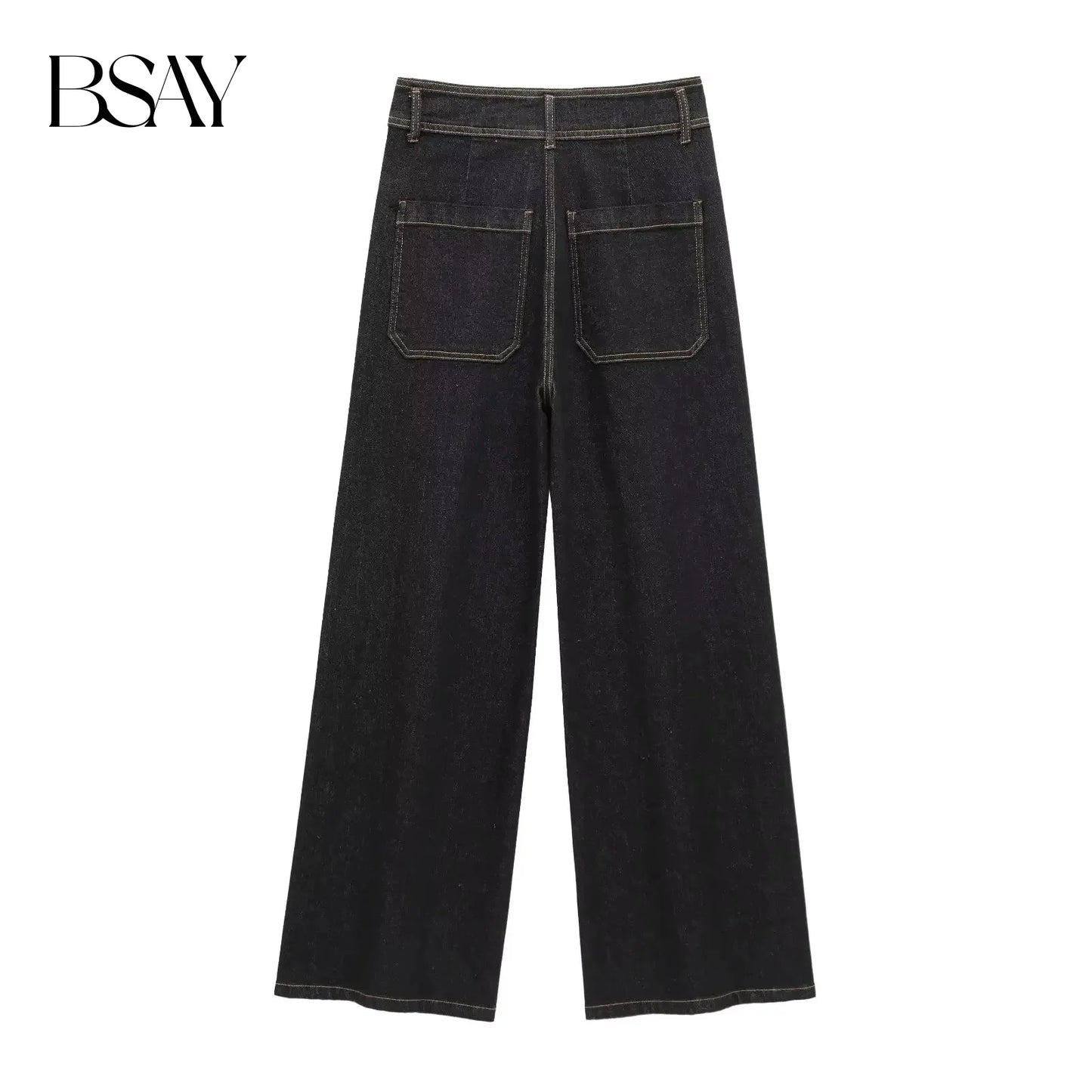BSAY Jeans for Women Fashion Autumn Winter New Solid Color Pocket Loose Retro High Waist Wide Leg Pants Chic Female Trousers