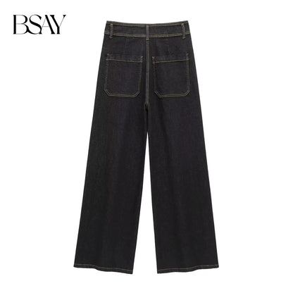 BSAY Jeans for Women Fashion Autumn Winter New Solid Color Pocket Loose Retro High Waist Wide Leg Pants Chic Female Trousers