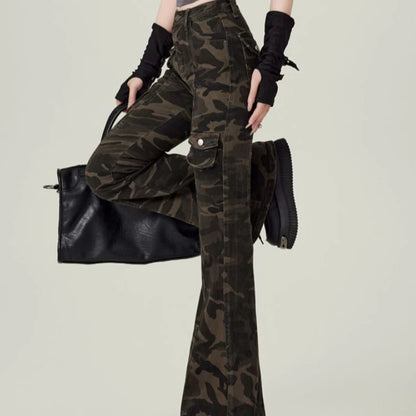 High Waist Jean Women Camouflage Cargo Style Skinny American Streetwear Aesthetic 2000s Y2k Jeans Flare Trousers Designed Chic