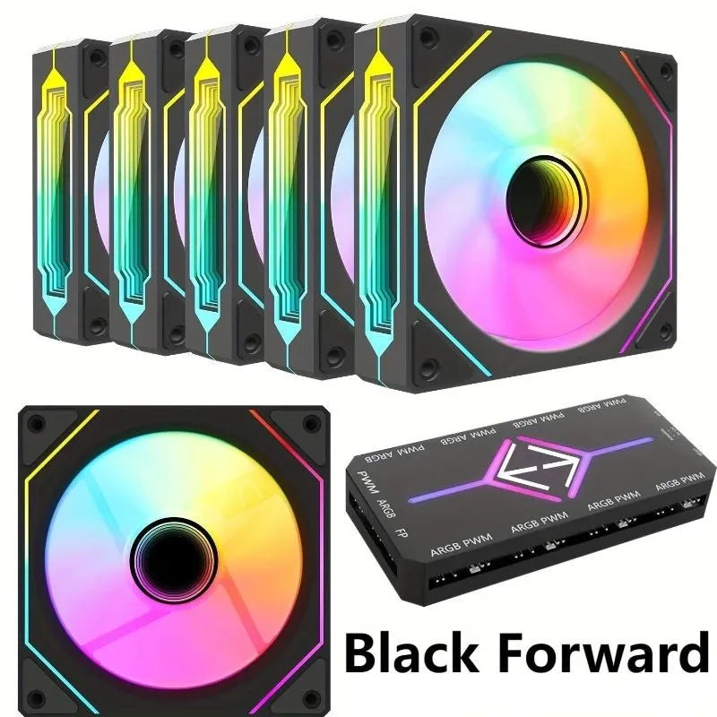 LDPCSJ 6 Pack 12cm 120mm Addressable ARGB Case Cooling Fans 4 Pin PWM Variable Speed 5V 3 Pin A-RGB Light Synchronization Fan Set with Included ARGB Controller Hub High Static Pressure Radiator Fans for ATX Gaming PC Liquid C