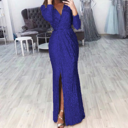 Women's Sequin High Slit Party Dresses Ruched Evening Glitter Dress Deep V Neck Long Sleeve Vestidos 2025 Autumn Female New Robe