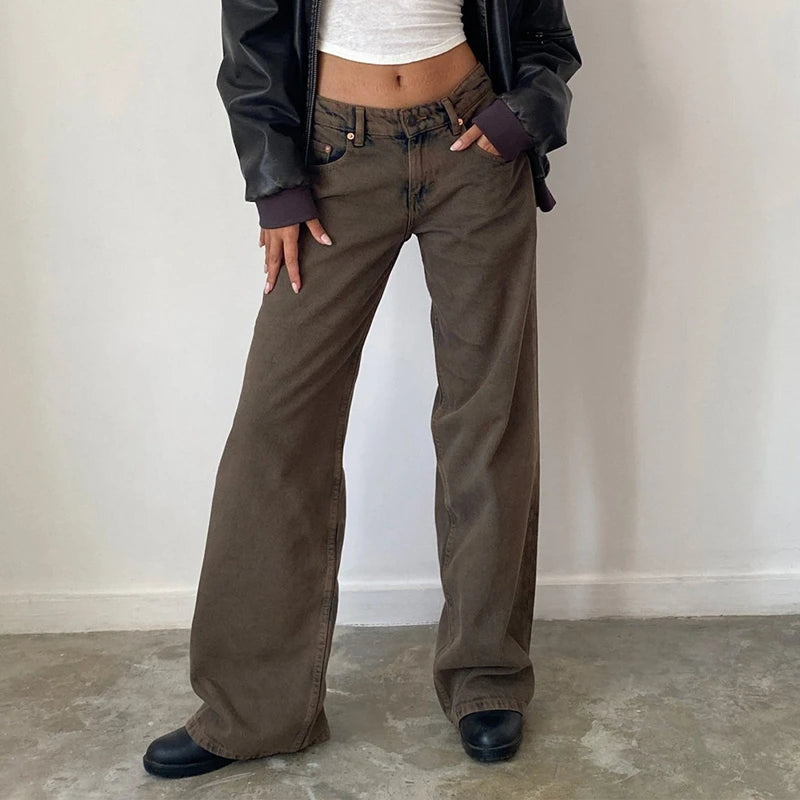 Maemukilabe Women Y2K Aesthetic Low Rise Baggy Jeans Loose Fit Boyfriend Straight Wide Leg Denim Pants Trendy Stretch Trousers