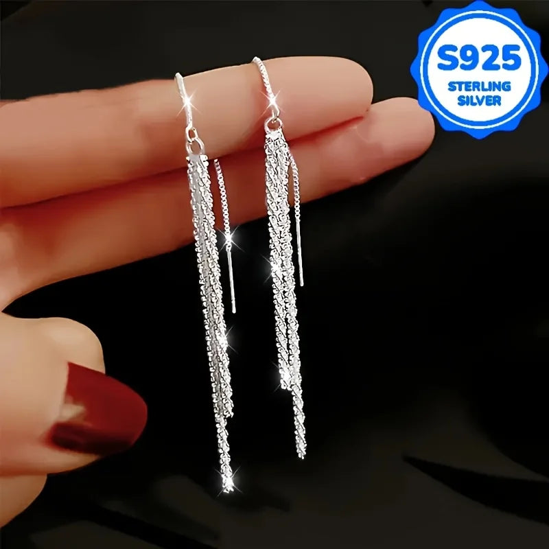 A pair of 2 pieces, women's fashionable hanging earrings, retro Bohemian style, hypoallergenic S925 silver, sparkling long ear l
