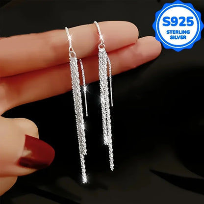 A pair of 2 pieces, women's fashionable hanging earrings, retro Bohemian style, hypoallergenic S925 silver, sparkling long ear l