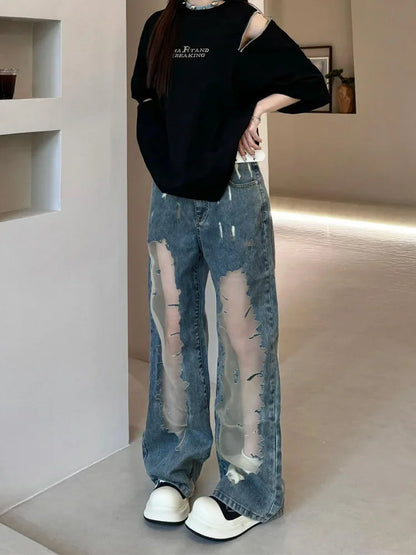 ADAgirl Spliced Hollow Out Casual Jeans for Women Y2k Streetwear Retro Baggy Kpop Boot Cut Denim Pants Harajuku Hip Hop Trousers