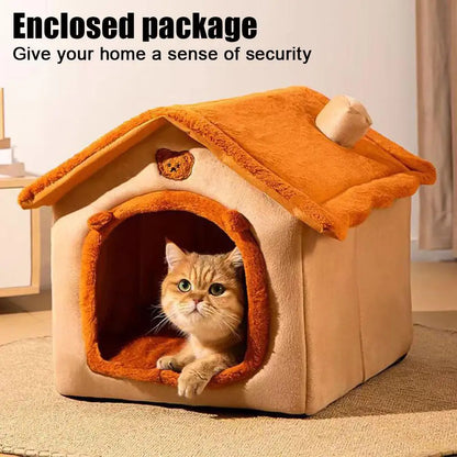 4-Season Universal Pet Bed House, Removable & Washable Plush Warm Dog Cat Cave, Cozy Enclosed Kennel Nest for Small & Medium Dog