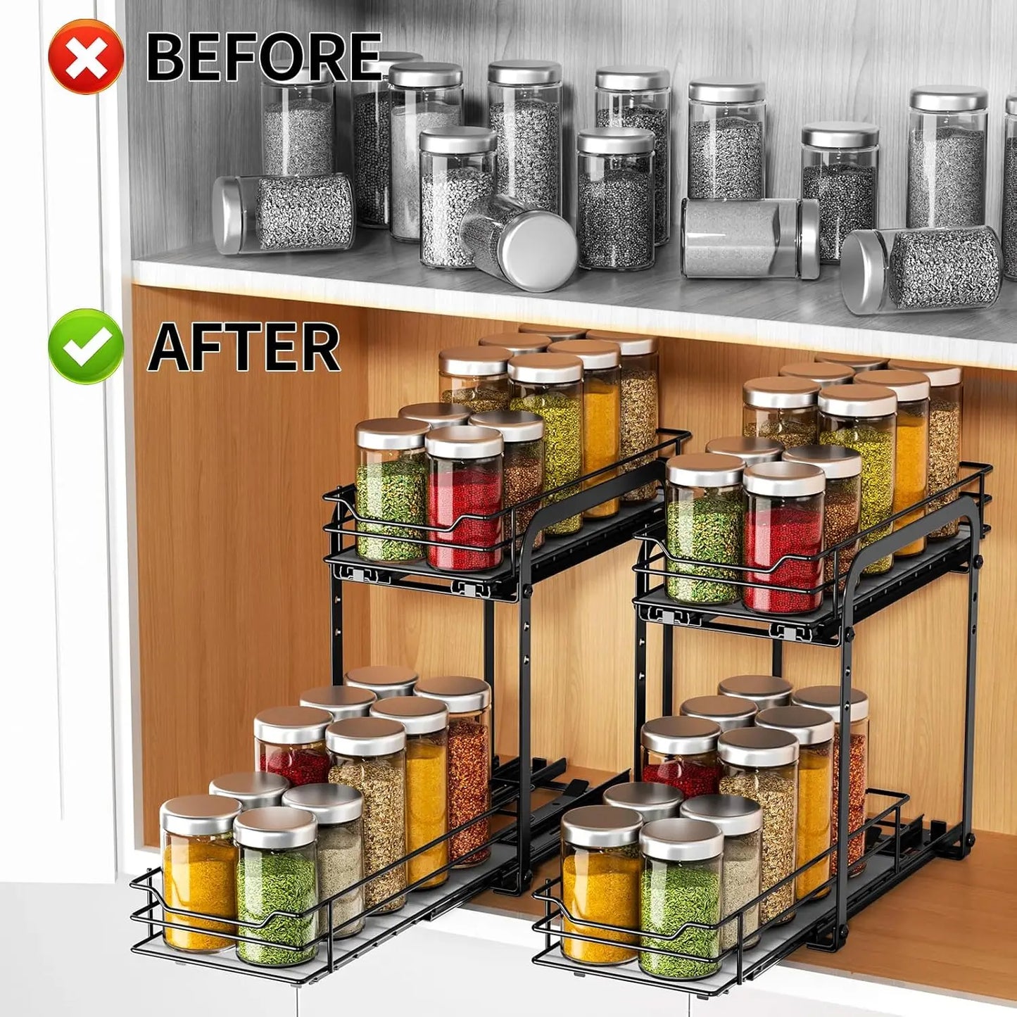 Spice Rack Organizer for Cabinet 2 Tier Pull Out Spice Racks for Inside CabinetHeight Adjustable Heavy Duty Vertical Spice Shelf