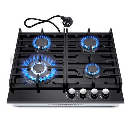 60cm Built-in Gas Hob 4 Burner | Flame Failure Protection & Cast Iron Grates | Black Glass Dual Fuel (NG/LPG)