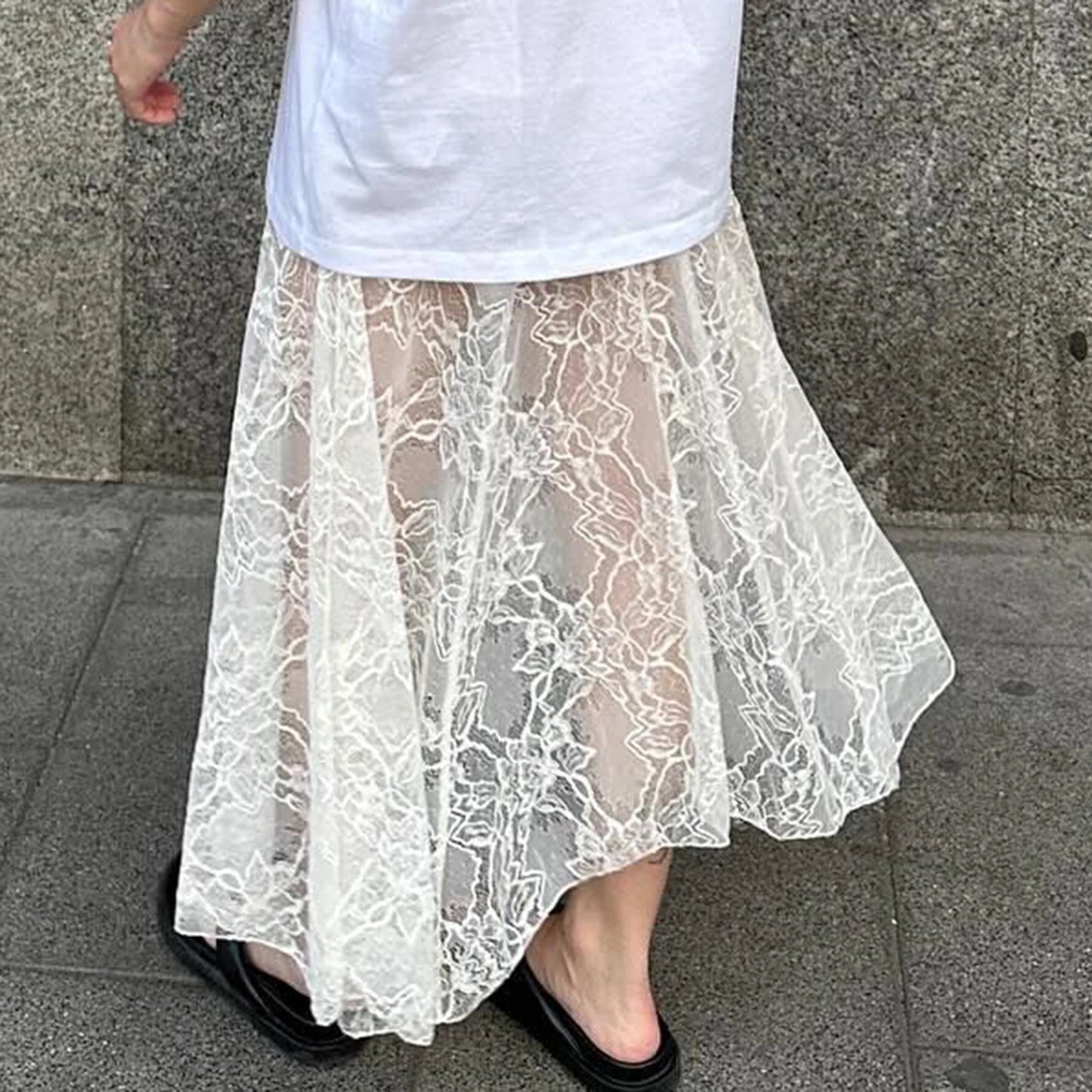 hirigin Women Fairy Lace Maxi Skirt Y2K Vintage Sheer Mesh Lace Floral Bodycon Long Skirt Sexy See-Through Half Slip Skirts