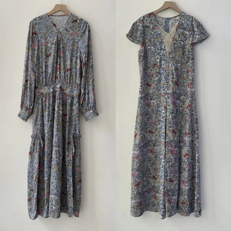 100% Viscose Long Dress Women Slit Floral Skull Wings Printed Elastic High Waist V-neck Lady Long Sleeve Dress 2025 Spring