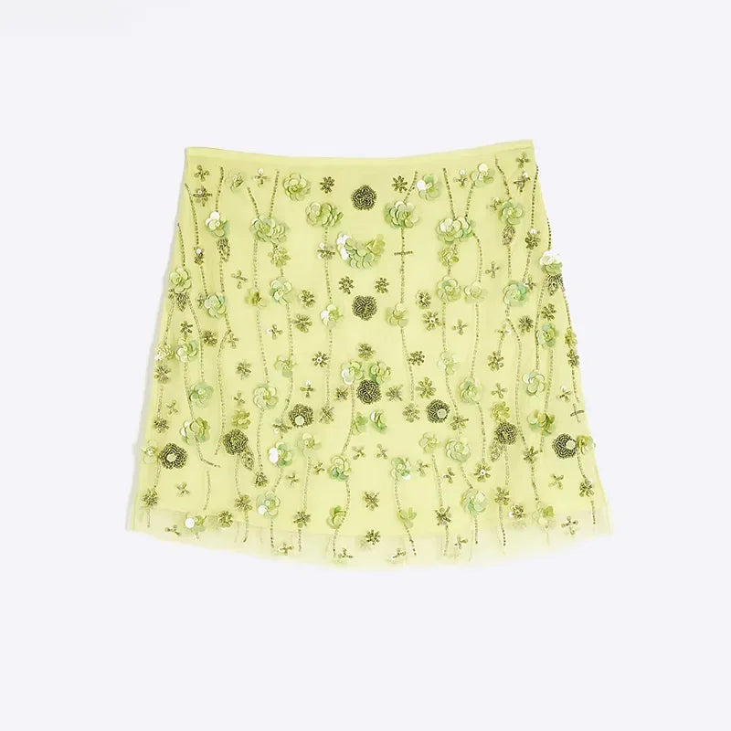 Chic Sequins Beads Women's Mini Skirt Fashion Lace Patchwork Slim A-line Skirts Female 2025 Summer New Lady Beachwear Holiday