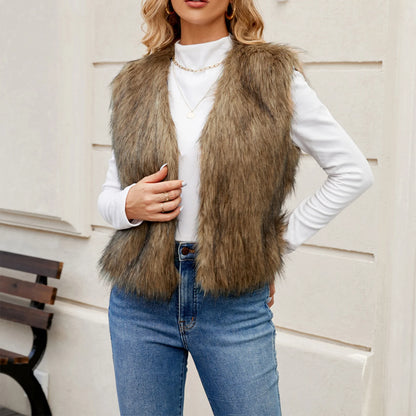 Women Faux Fur Vest Coat Sleeveless Open Front Gilet Outerwear for Fall Winter Casual Street
