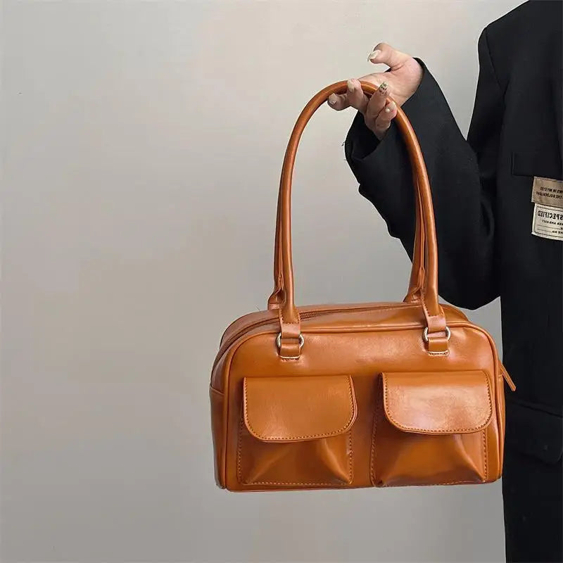 Vintage Women Business Shoulder Bags Simple Ladies Commute Tote Bag Pu Leather Female Underarm Bag Burgundy Large Handbags Purse