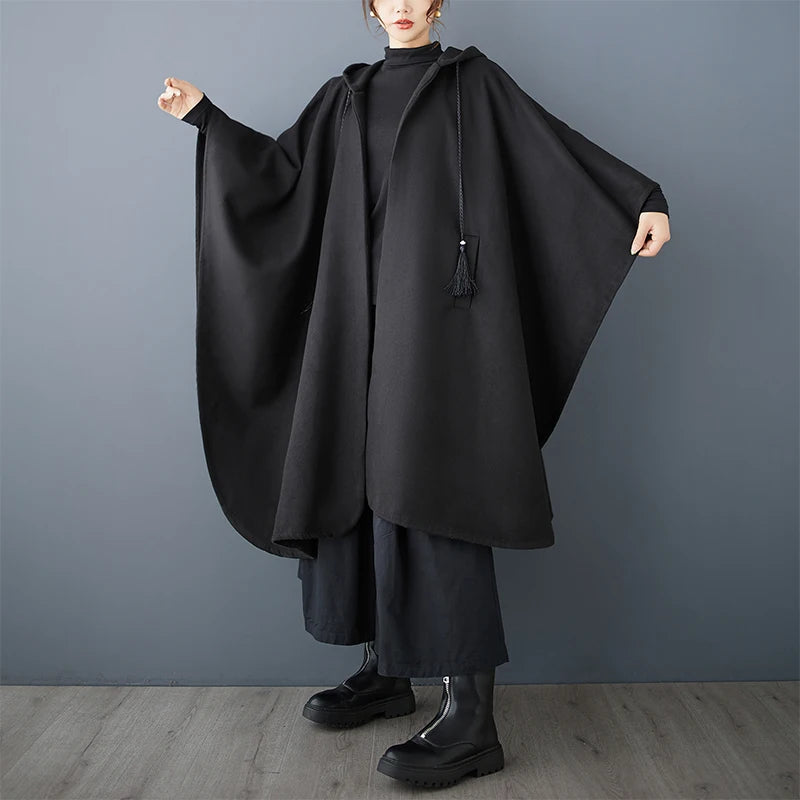 Autumn Winter Loose Large Size k Irregular Design Hat Coat Woolen Windbreaker Outerwear Cloak Vintage Sle Long Sve