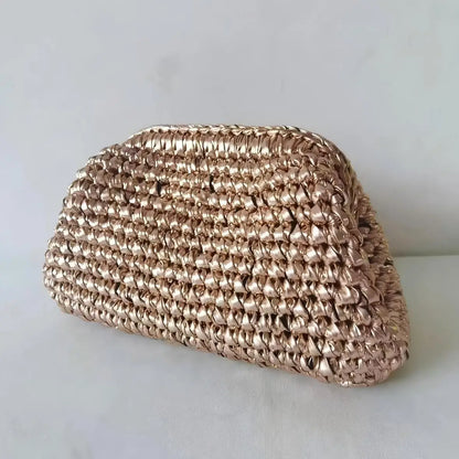 Yingzi Women's Silver Cloth Strip Crochet Clip Bag Woven Underarm Bag Clutch Large Size