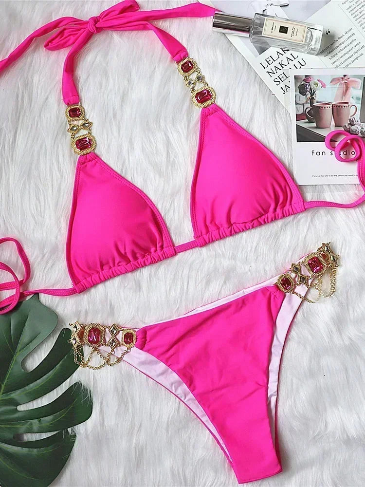 Halter Crystal Rhinestone Diamond Bikini 2025 Female Swimsuit Women Swimwear Two Pieces Bikini set Brazilian Bathing Suit Swim