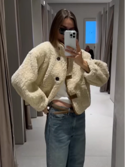 Casual Reversible Lamb Wool Coat Women Stand Collar Single Breasted Pocket Loose Short Warm Jacket Lady Commute Office Jackets
