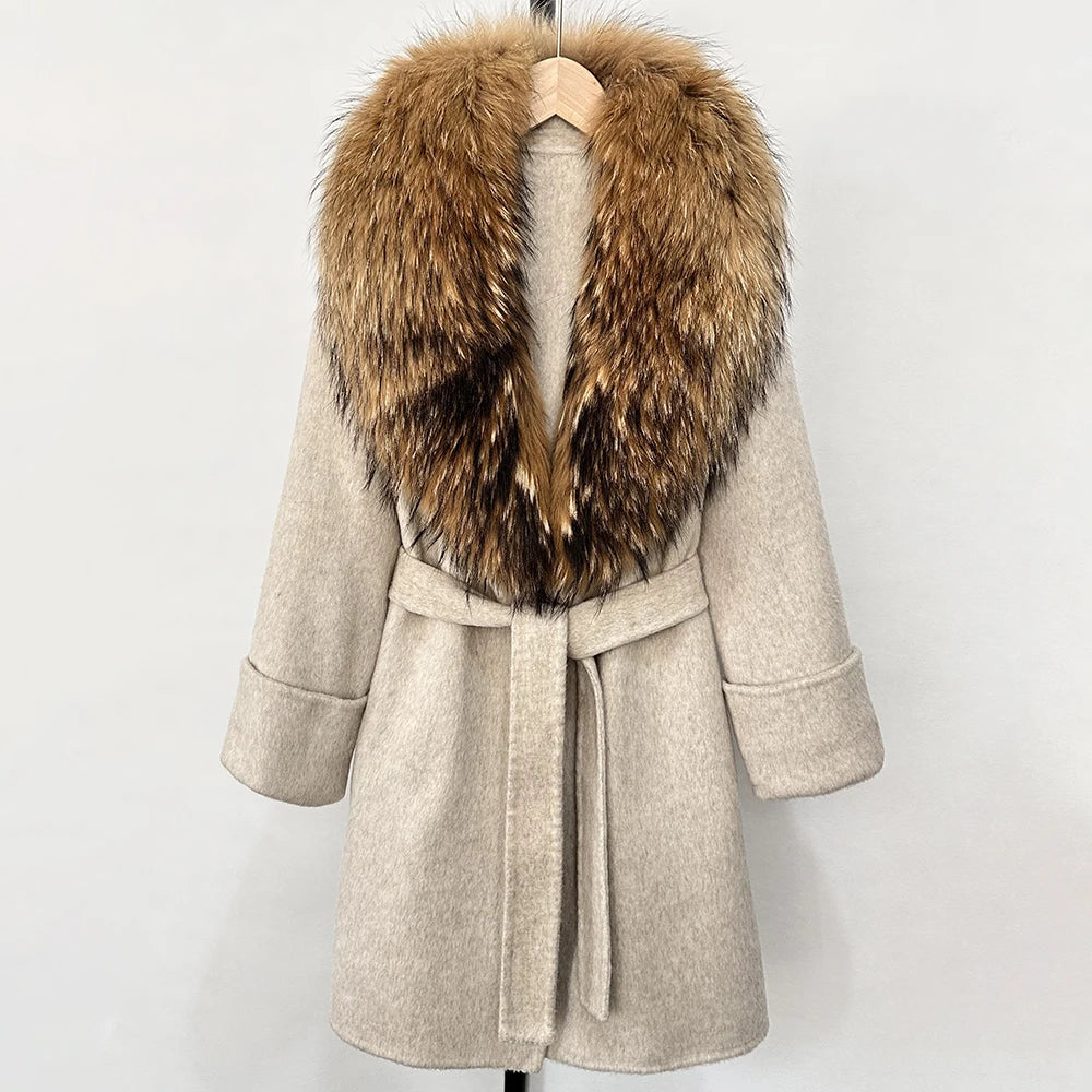 GENHUA 2025 New Winter Cashmere Wool Blends Women Natural Fox Fur Collar Cuffs Slim Fit Suit Double Sided Woolen Trench Coat