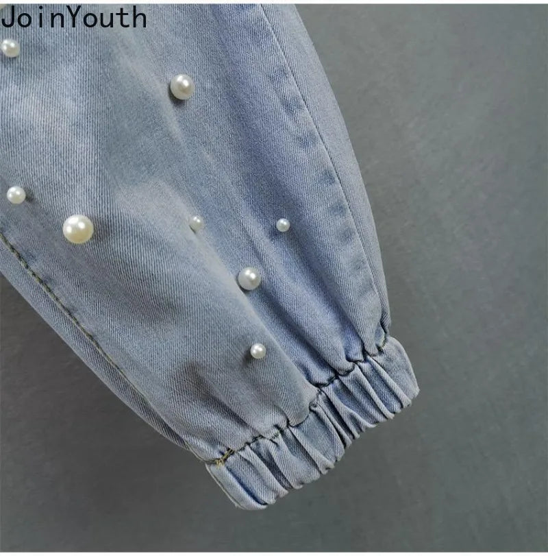 Korean Jeans Woman Streetwear Fashion Denim Harem Pants 2025 New Bottoms Elastic Waist Beading Casual Vintage Y2k Pantalon Femme