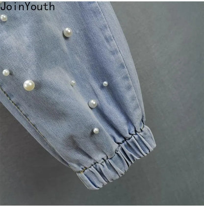 Korean Jeans Woman Streetwear Fashion Denim Harem Pants 2025 New Bottoms Elastic Waist Beading Casual Vintage Y2k Pantalon Femme