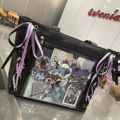 Japanese Sweet Women Ribbon Ita Bag Cute Lolita Girl Transparent Handbags Fashion Large Capacity Tote Bag Aesthetic Shoulder Bag