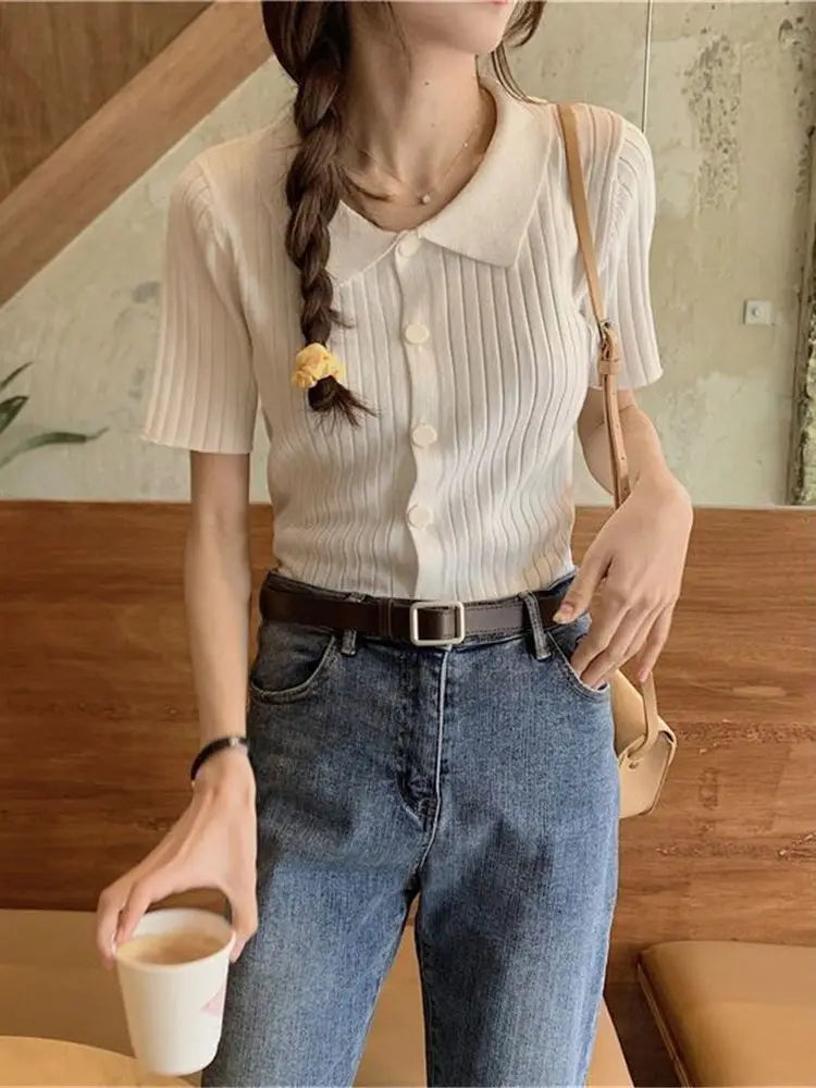 Cardigan Women Solid Short Sleeve Knitted Turn-down Collar Summer Casual All-match Tops Slim Button Up Students Korean Style
