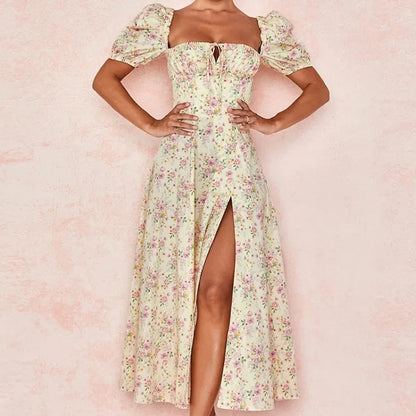 Skinny floral prints Dresses for Summer Women's Dress Square Neck Short Bubble Sleeves High Waist Lace-up Maxi Split Dress