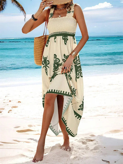 Women New Backless Suspenders Dresses Vintage Print Elastic Pleated Wrap Bust Long Gown Female Comfortable Vacation Casual Dress