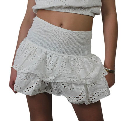Women A-Line Pointelle High Waist Layered Ruffle Skirt Shirred Mini Skirt Summer Solid Color Sweet Skirts Black/White/Pink