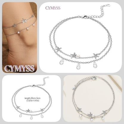 Original Anklets for Women 925 Sterling Silver Exquisite 2 Layer Zircon Chain Anklet Gold Color Ideal Summer Beach Jewelry Gift
