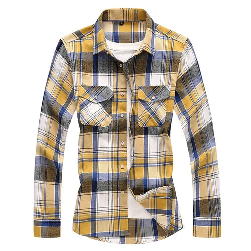 2026 New Men's Long Sleeved Plaid Shirt, with Two Chest Pockets Single Breasted Lapel Cotton Shirts Big Size Male Top Chemise