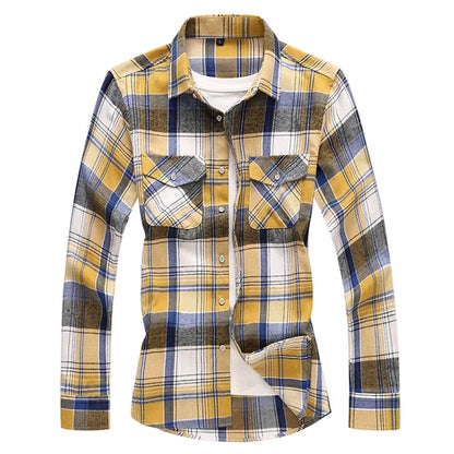 2026 New Men's Long Sleeved Plaid Shirt, with Two Chest Pockets Single Breasted Lapel Cotton Shirts Big Size Male Top Chemise