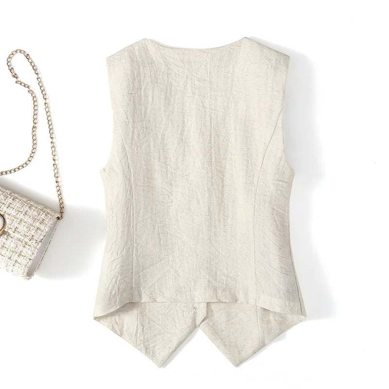 Linen waistcoat thin women's vest summer new high-end slim-fit short sleeveless suit V-neck vest clip