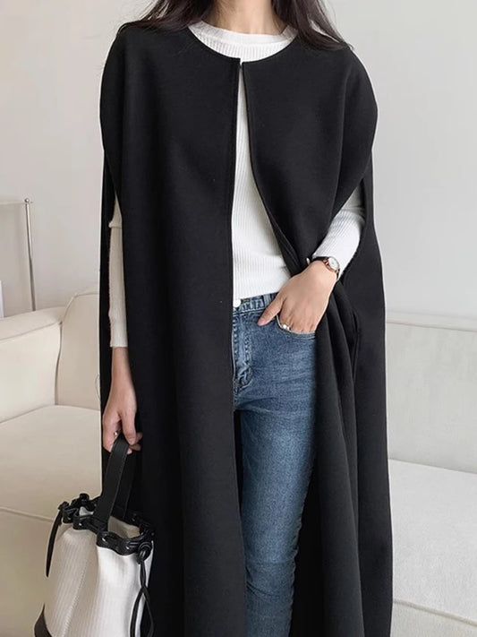 Chic Autumn Winter Loose Coat Sle Pure Color Long Women's Vest Jaet Korean Version Commute Sle Long Sve round Ne