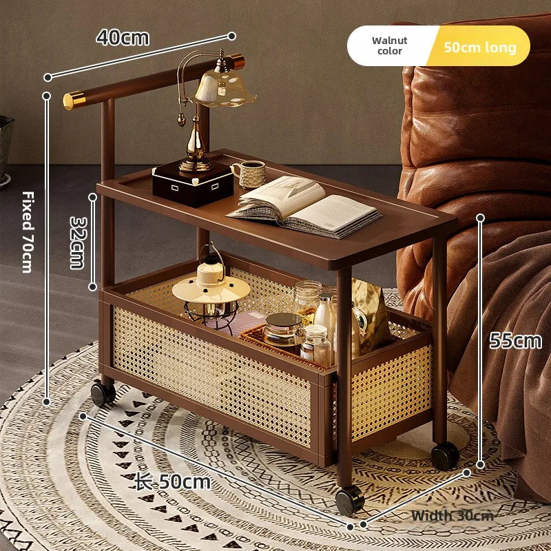 Wooden antique style coffee table, mobile coffee table, sofa side table, cart with pulley storage rack, rattan fence decoration