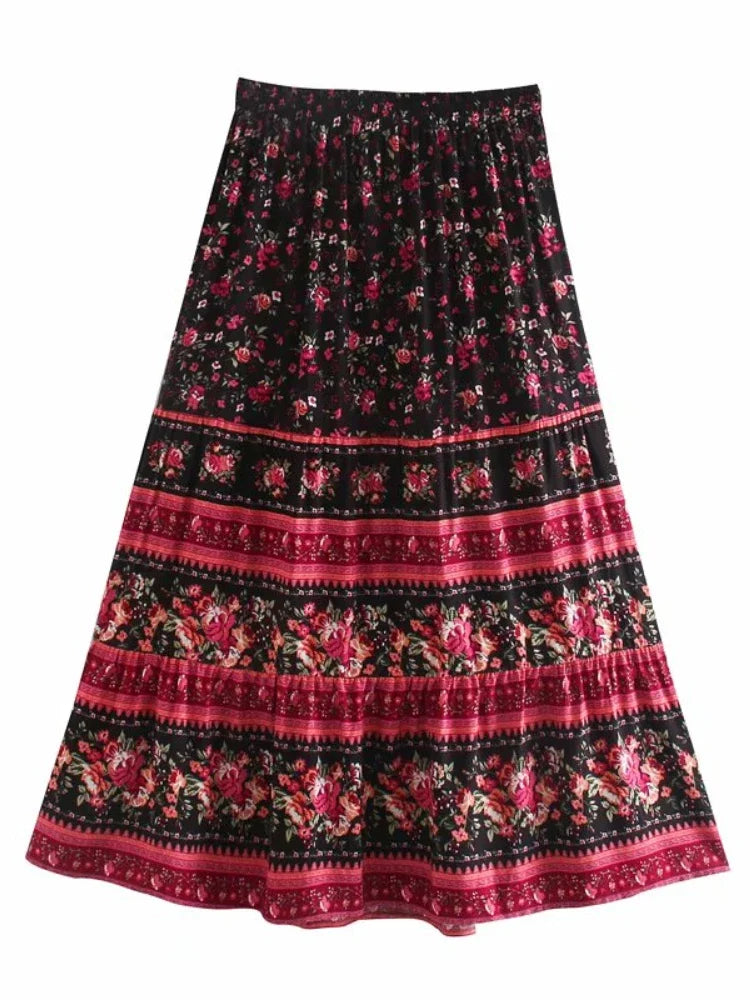 Multi Floral Print Ethnic Vintage Chic Women Beach Bohemian Skirt Ladies High Elastic Waist Rayon Cotton Boho Maxi Skirts