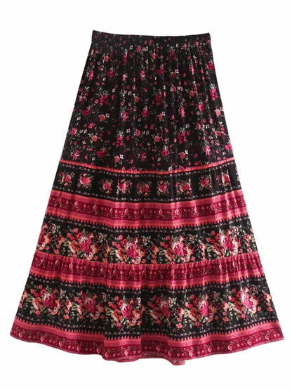 Multi Floral Print Ethnic Vintage Chic Women Beach Bohemian Skirt Ladies High Elastic Waist Rayon Cotton Boho Maxi Skirts