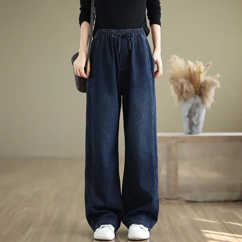 6294 Full Length Straight Basic Jeans Women Korean Style Elastic Waist Solid Color Simple Loose Casual Denim Pants Daily Trouser