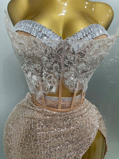 2025New Women Sparkle Rhinestone Sequins Two Pieces Evening Party Dress Celebrate Festival Dancer Bar Nightclub Ds Dj Stage Wear