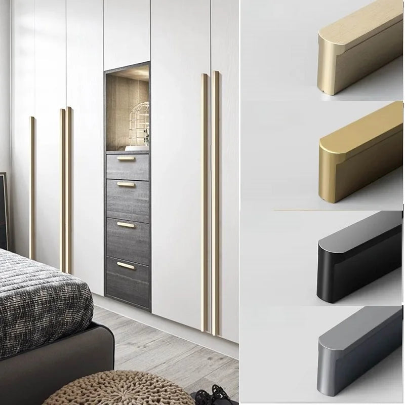 Multi-Size (80-1200mm) Cabinet Handles - Solid Aluminum Alloy Rounded Corner Pulls, Brushed Gold Finish for Wardrobe & Kitchen
