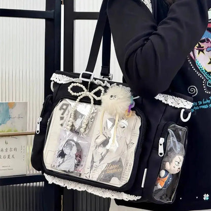 Japanese Sweet Women Ribbon Ita Bag Cute Lolita Girl Transparent Handbags Fashion Large Capacity Tote Bag Aesthetic Shoulder Bag