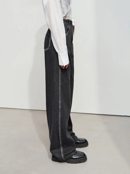 Amii Minimalist Solid Casual Lazy Loose Cotton Drape Wide-leg Pants 2025 Spring New Distressed Black Denim Trousers 12551019