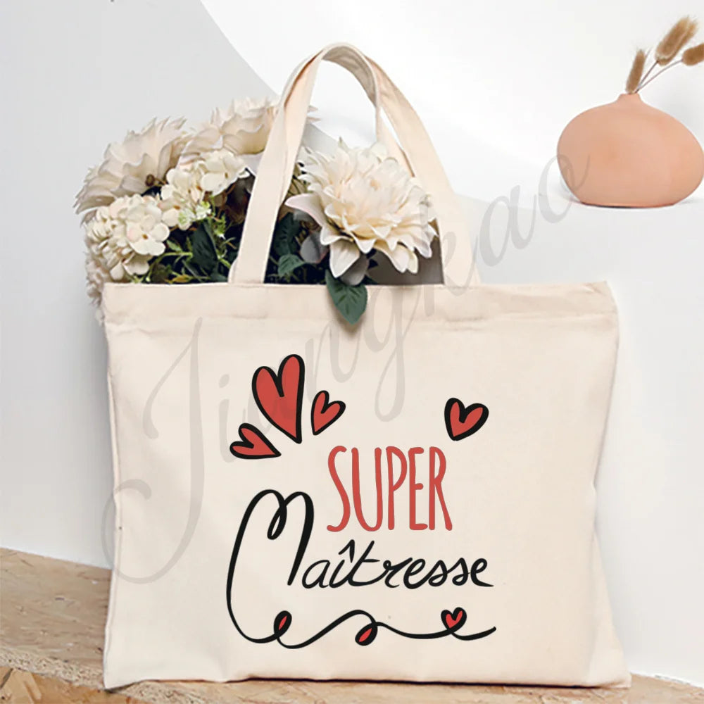 Thank You Teacher French Print Women Shoulder Bag CanvasShopping Bags Female Handbags Reusable Tote Bag Best Gifts for Maitresse
