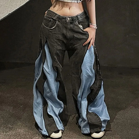 American Y2K Street Color Stitching Washed Jeans Female Y2K Harajuku Hip Hop Popular Baggy Slim Spice Girl Wide-leg Mop Pants