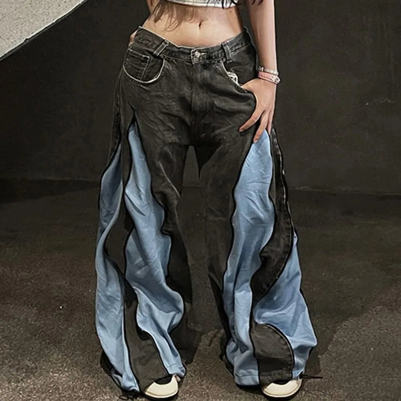American Y2K Street Color Stitching Washed Jeans Female Y2K Harajuku Hip Hop Popular Baggy Slim Spice Girl Wide-leg Mop Pants