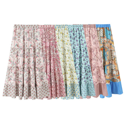 Elegant Women Holiday Wind Floral Print Tirred Ruffles Long Skirt Faldas Mujer Female Summer Elastic Waist Skirts QUN9083