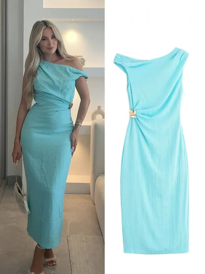 HH Woman's Summer Sexy Fashion Long Dress Solid Sleeveless Asymmetry Dresses Female Holiday Style Slit Slim Chic Dress