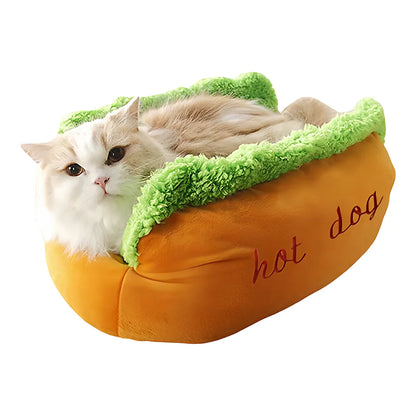 Winter Hot Dog Pet Bed - 3D Hot Dog Bun Style Cat and Dog House, with Removable Pillow and Orthopedic Memory Foam
